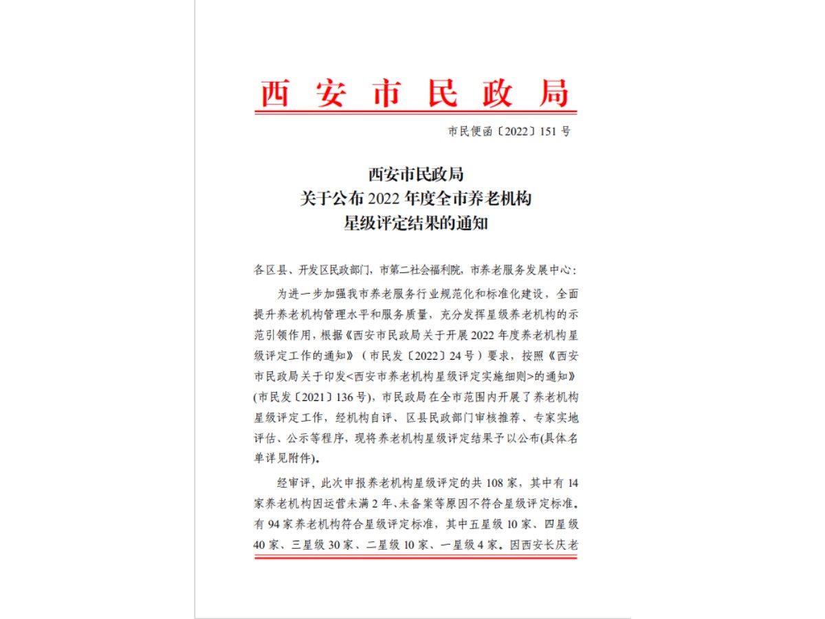 西安市民政局2022年度全市养老机构星级评定结果